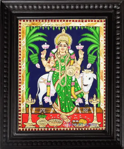 [104] Graha Lakshmi with cow- Tanjore Painting